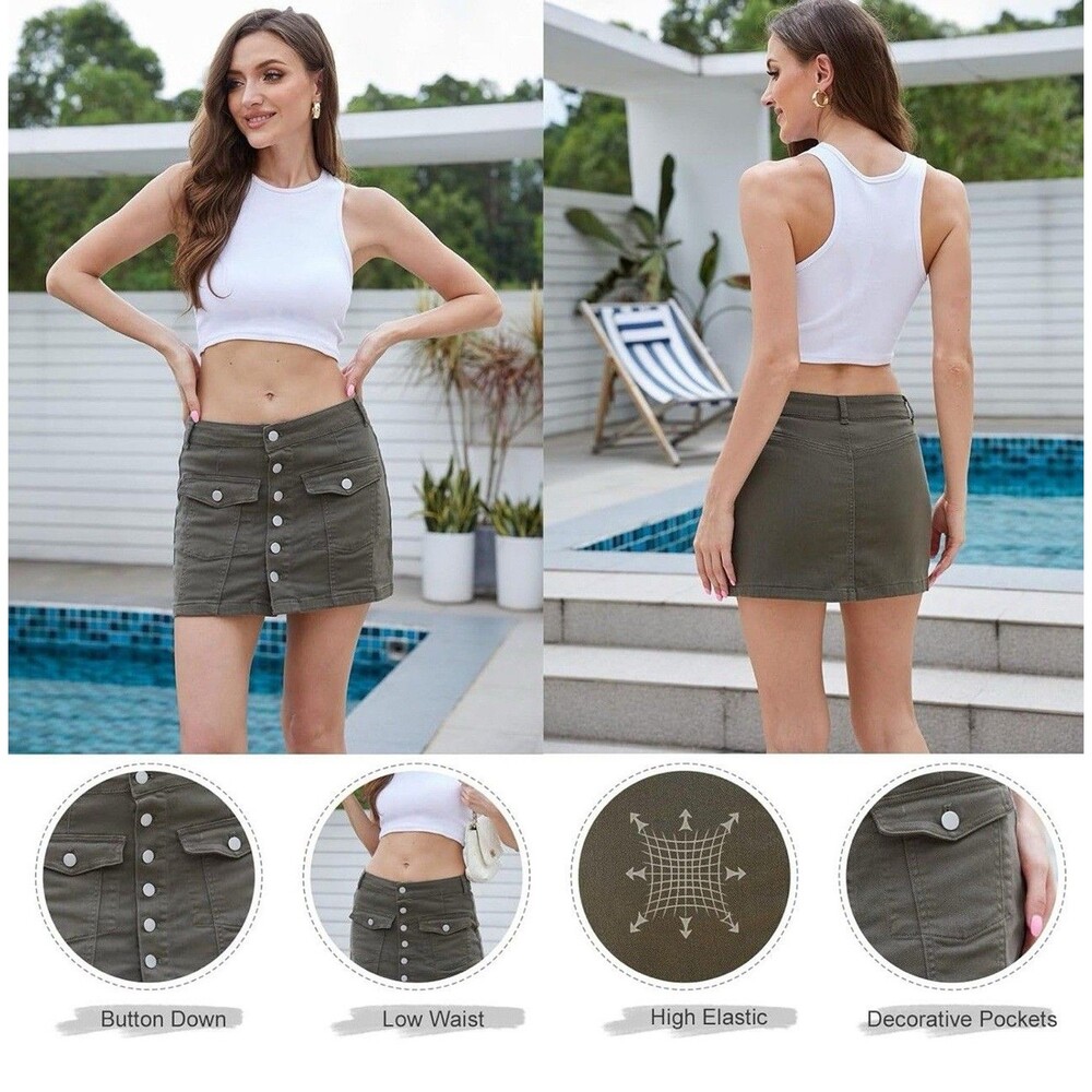 VIPONES Women Denim Skirt Mini Low Waist Stretchy Jean Skirt Large Green - Picture 2 of 6